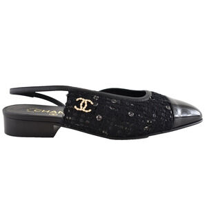 Chanel 24K Black Wool Tweed Patent CC Logo Coco Sling Slingback Ballet Flat 38